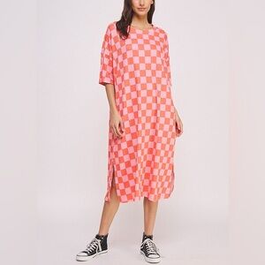 Blending In Is Boring Checkered Ribbed Dress in Pink Grapefruit Large